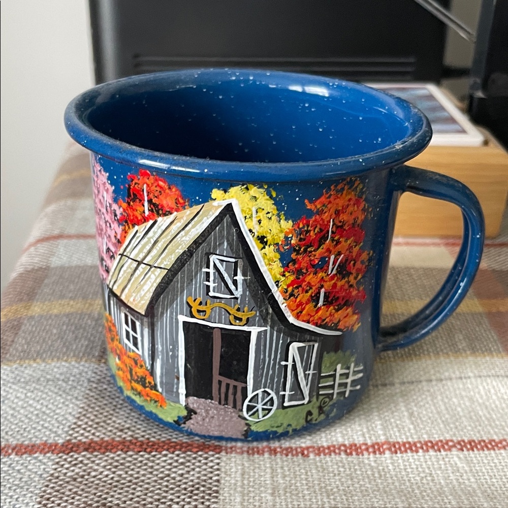 Hand-Painted Blue Enamel Barn Camping Mug